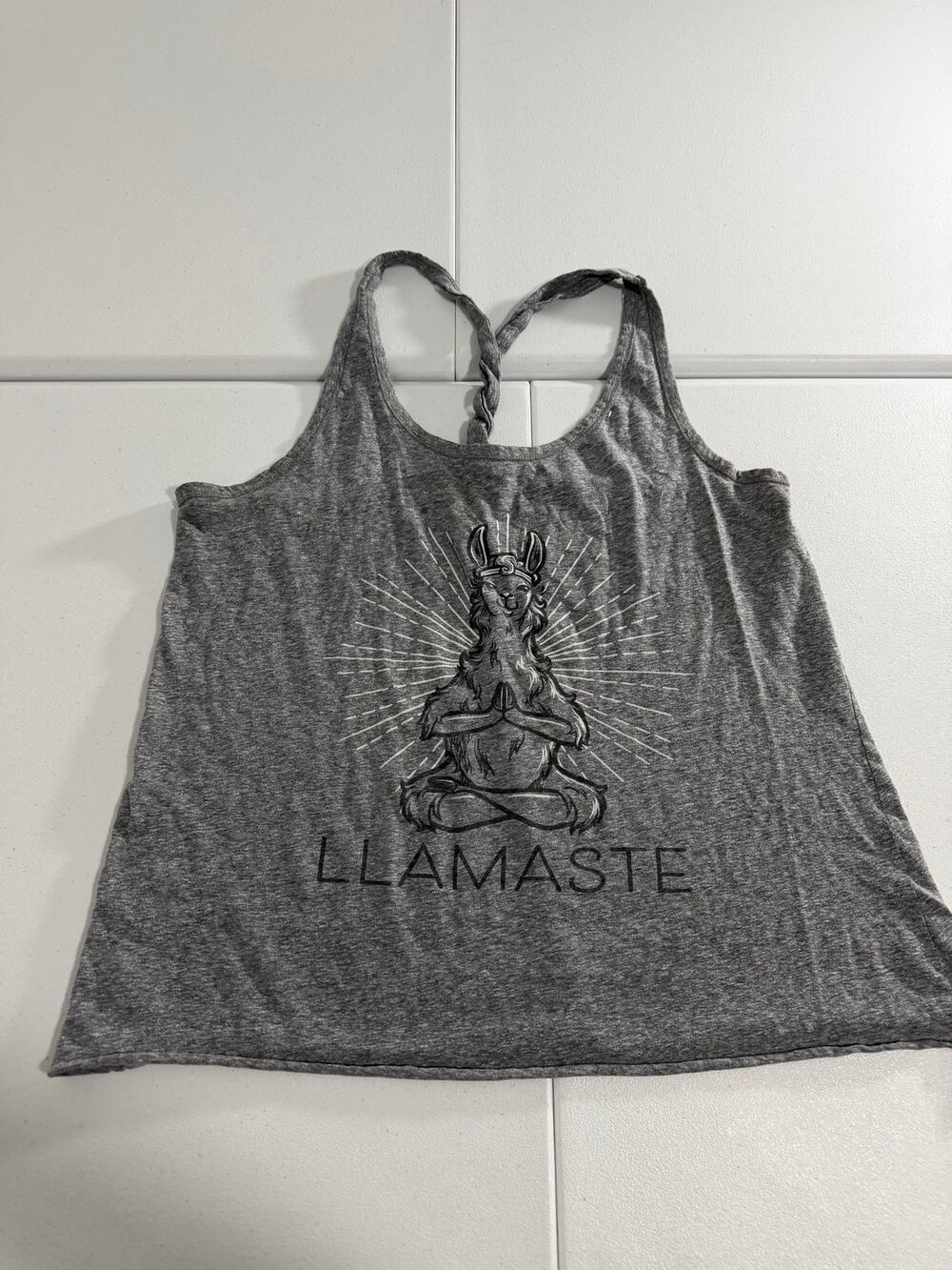 Llamaste Yoga Tank Top Womens Gray Braided Strap Graphic Sleeveless